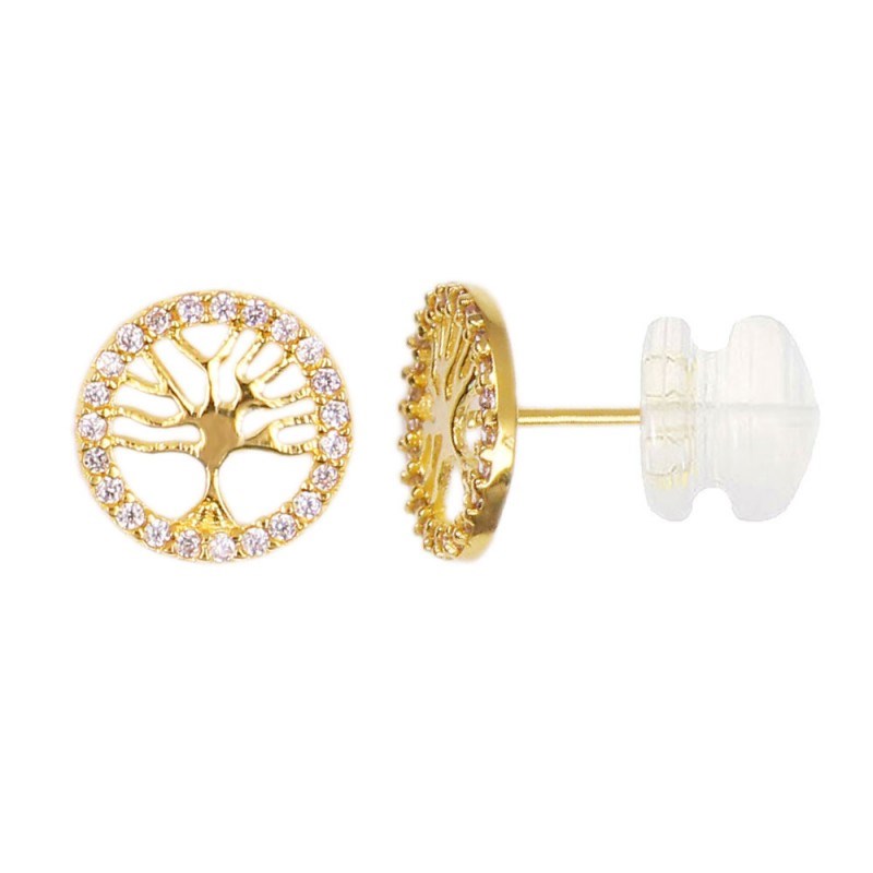 Boucles d'Oreilles Or Jaune - Arbre de Vie Serti de Zirconiums
