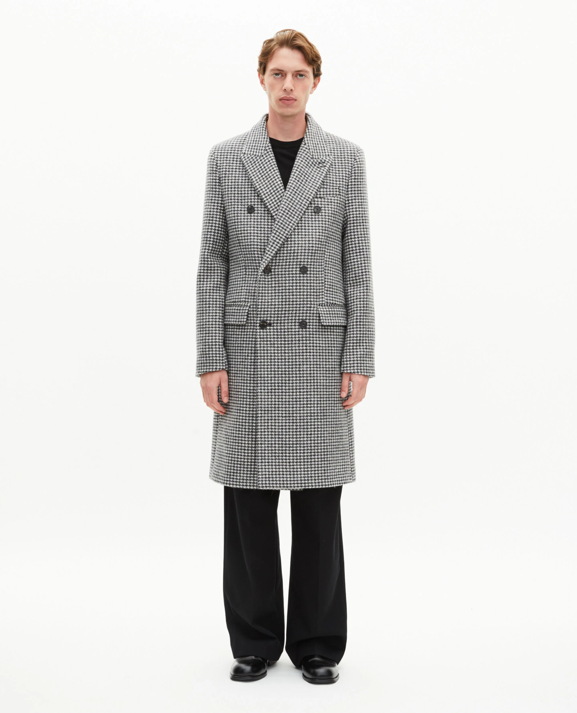 Manteau long pied de poule en laine noir et blanc