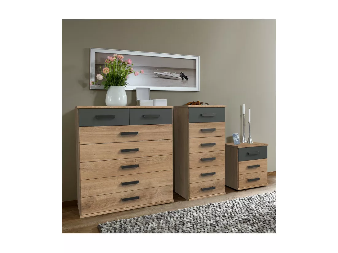 Commode 7 tiroirs décor chêne et graphite - L91 cm
