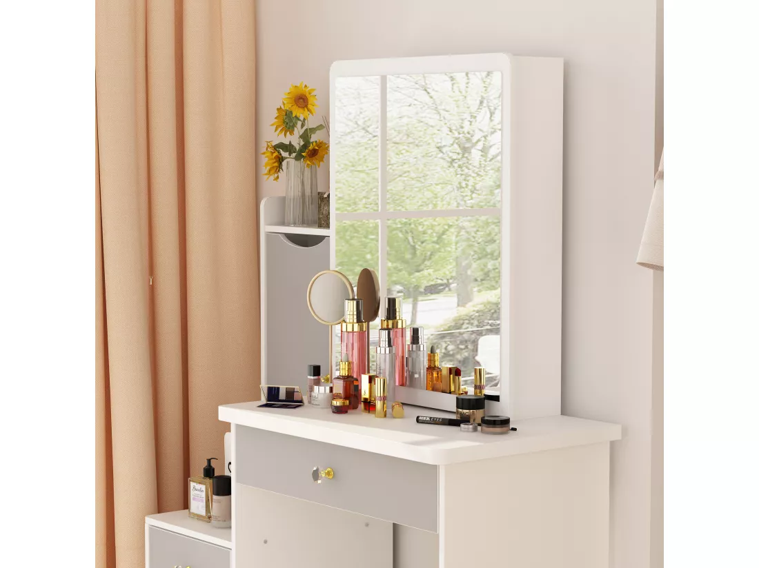Coiffeuse avec miroir et 4 tiroirs Tabouret 90x40x135cm Blanc&gris