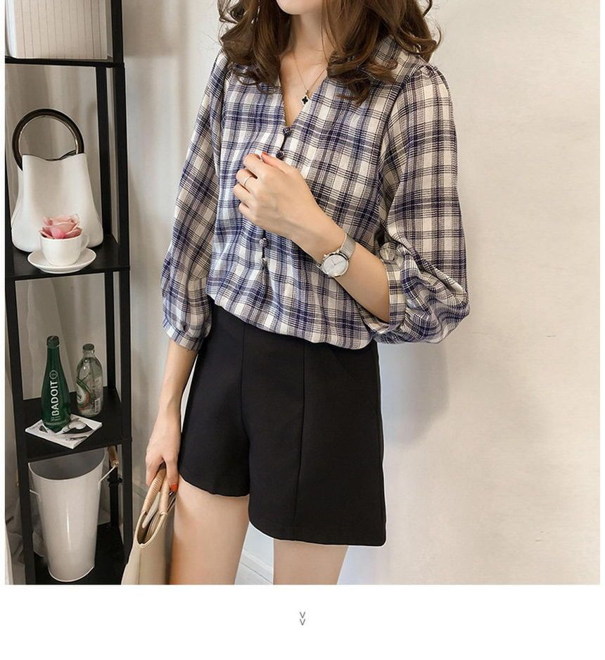 Frigga - Geruite blouse met 3/4 mouwen