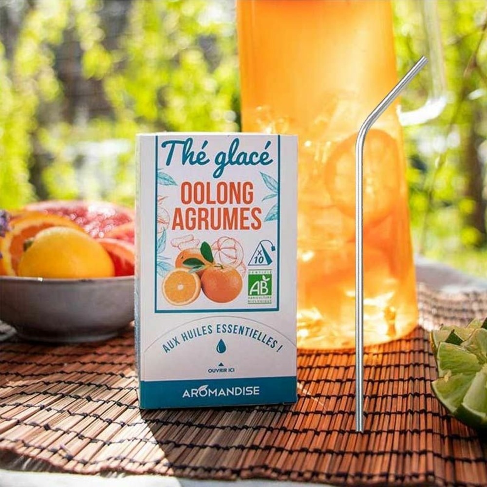 Thé glacé bio oolong agrumes + 4 pailles en inox