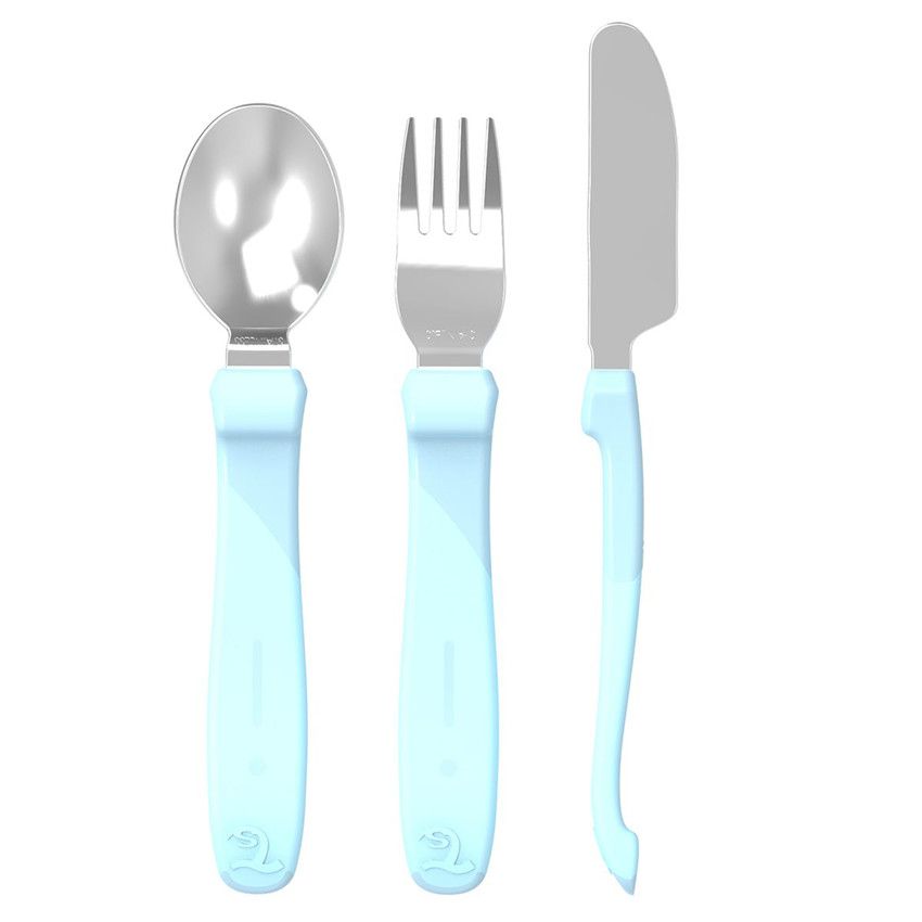 Set de 3 couverts d’apprentissage en inox 12+ mois – Bleu Pastel - Ecru