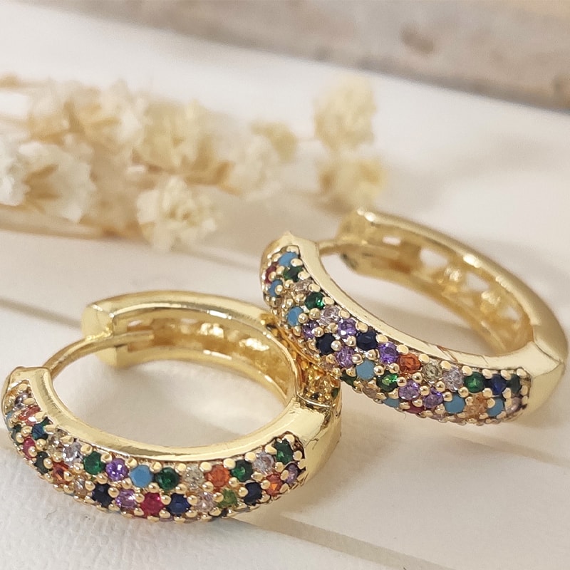 Boucles d'oreilles - Mini créoles - Multicolore - Laiton plaqué or & zircon