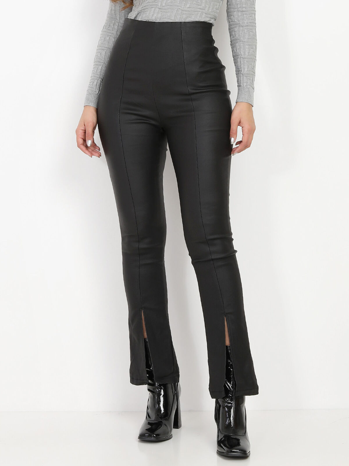 Pantalon taille haute enduit à fentes- Noir