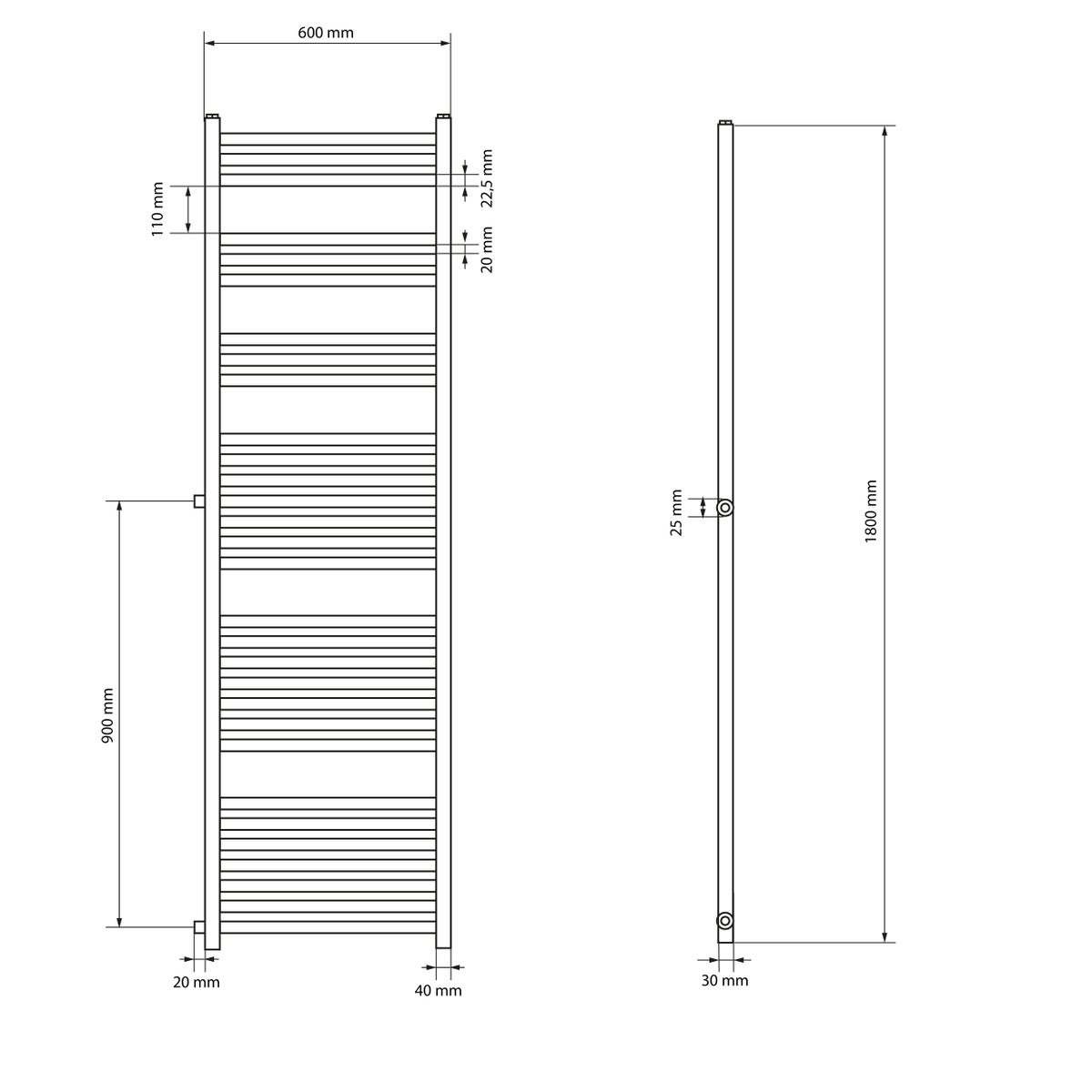 LuxeBath Renovatie Radiator Vervanging 600x1800 mm Wit, Badkamerradiator Recht met Zijaansluiting, Hartafstand 900 mm, Radiator Handdoekverwarmer Handdoekdroger Handdoekradiator Handdoekverwarming