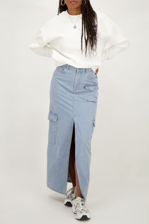 Blauwe cargo denim midi rok