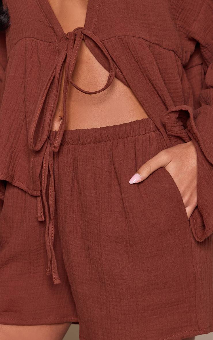 Chocolat Short Taille Haute En Gaze De Coton Avec Ceinture À Nouer - Ensemble Coordonné