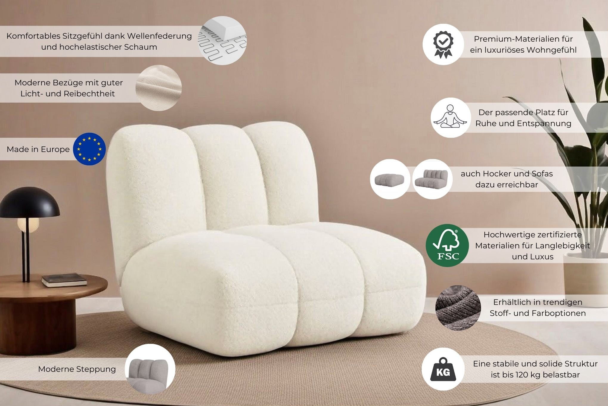 LeGer Home by Lena Gercke Sessel »Priya Loungesessel, moderne Steppung, auch in Bouclé« perfektes Einzelstück, gemütlich und modern, B/T/H: 90/106/84 cm