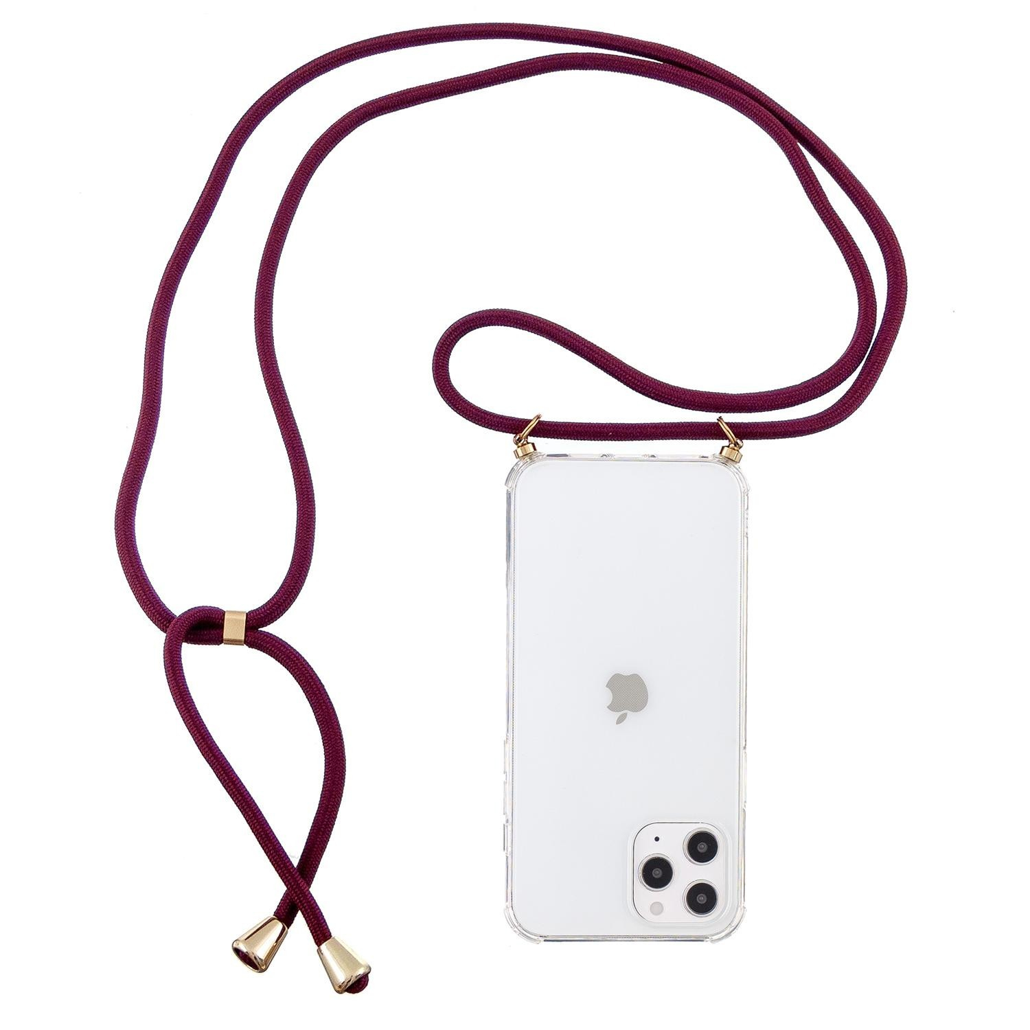 iPhone 13 Necklace Gummi Hülle Air Cushion Fallschutz   Handykette (150cm) - Dunkelrot / Gold