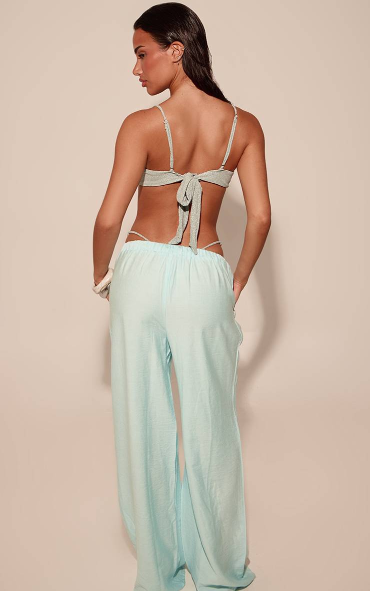 Bleu Aqua Pantalon De Plage Aspect Lin Avec Cordon De Serrage