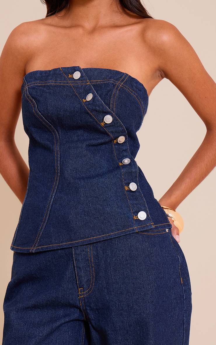 Bleu Indigo Haut Bandeau Asymétrique À Boutons En Denim Petite