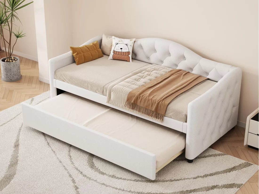 Lit banquette 90x200cm + lit gigogne 90x190cm - capitonné en tissu lin - Beige (matelas non inclus)