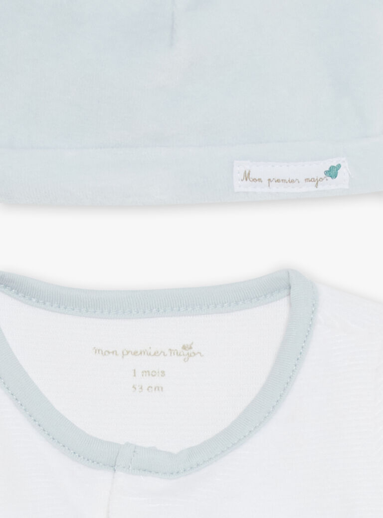 Ensemble pyjama avec bonnet en velours écru et bleu ciel