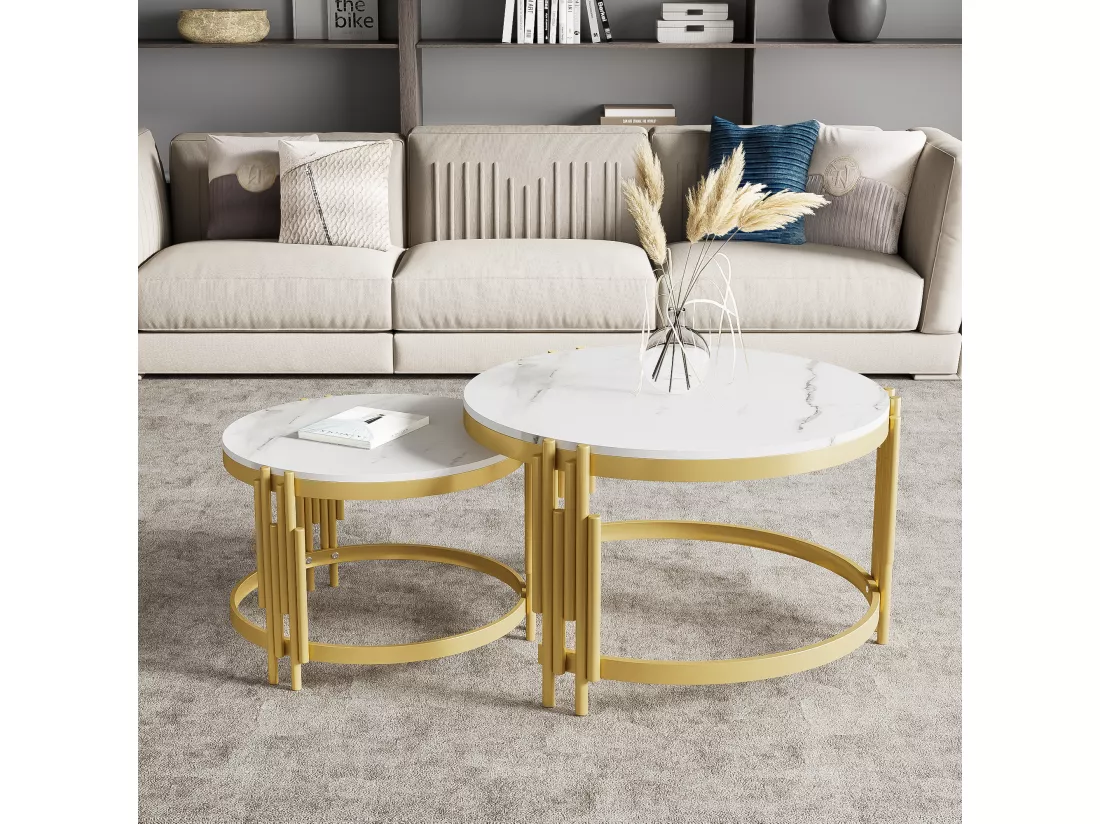Lot de 2 table basse gigogne, table ronde, aspect marbre, structure en métal doré, D71,5x44+P51,5x37cm Blanc