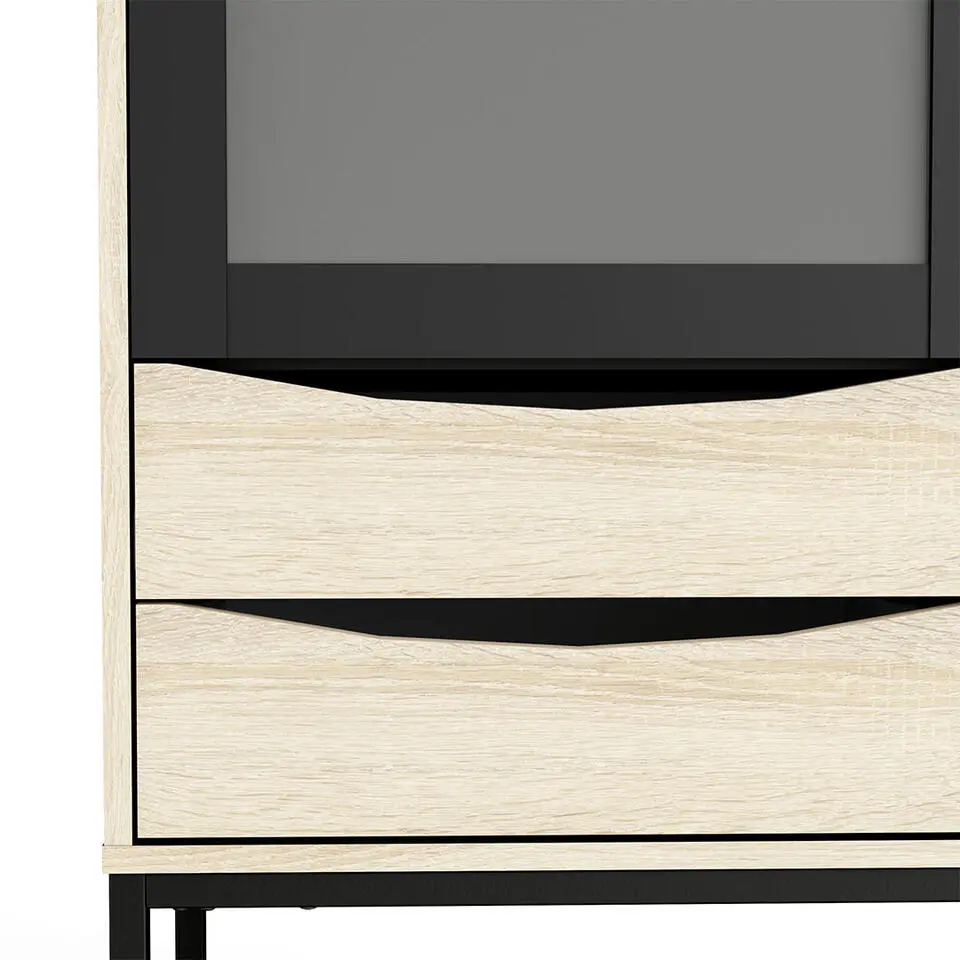 Hioshop Sady vitrinekast 2 glazen deuren- 3 lades mat zwart- eiken decor