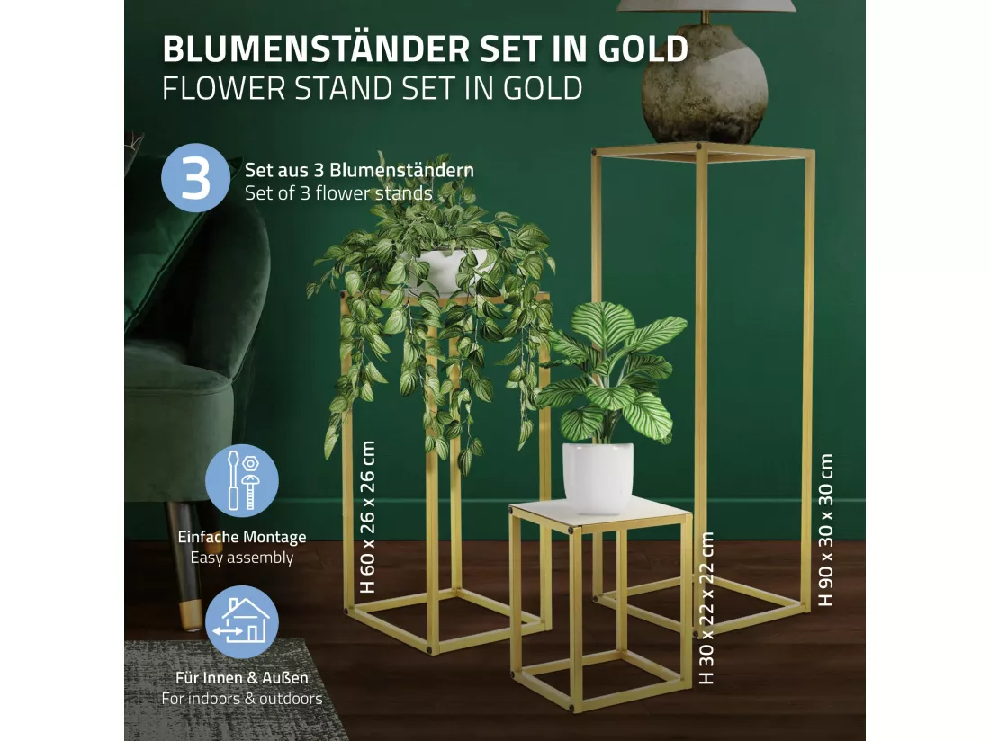 Lot de 3 support de fleurs moderne pot à plantes en métal doré tabouret à fleurs