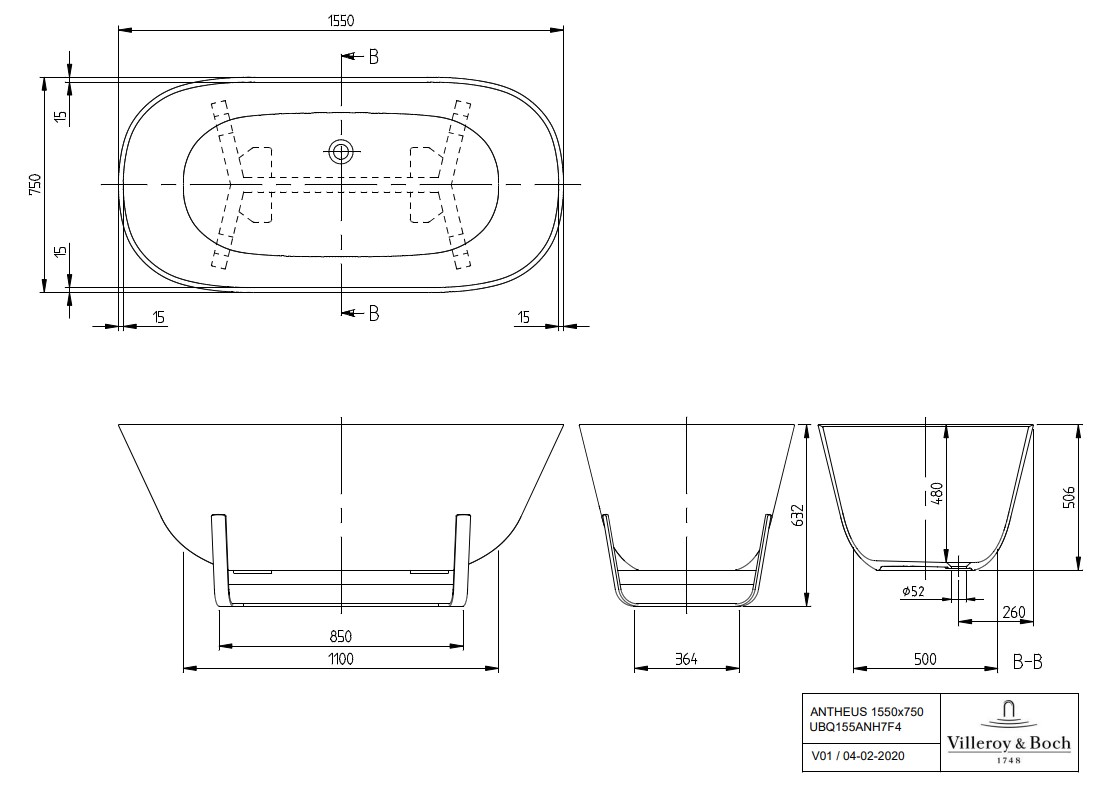 Villeroy & Boch Antheus vrijstaand ligbad 155x75cm grijs