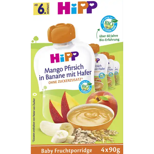 Bio Frucht-Porridge Mango-Pfirsich in Banane mit Hafer