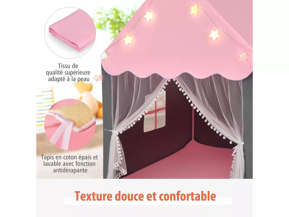Tente de Jeux Enfants, Château de Princesse Tente Intérieure avec Tapis Lavable, Lumières Étoiles, 105 x 121 x 136 CM, Rose