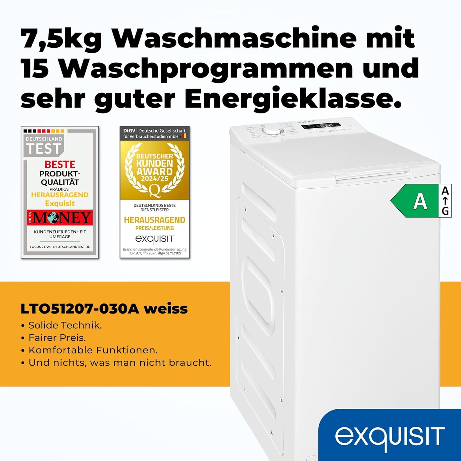 Exquisit Toplader Waschmaschine | 7,5 kg Kapazität, Energieklasse A, 1200 U/Min, 78 dB(A) | schmale Bauform, 15 Programme, Eco 40–60, Kurzprogramm, Startverzögerung, Aquastop | LTO51207-030A weiss