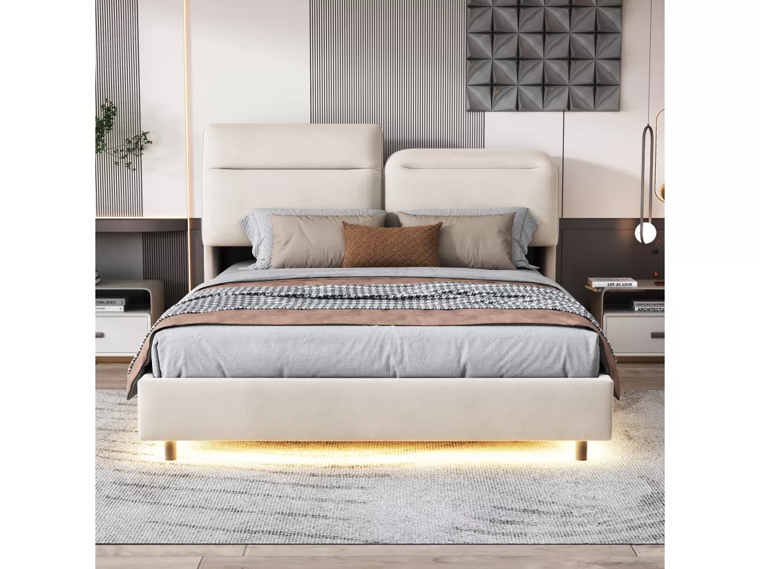 Lit coffre 160x200cm en tissu velous - avec tête de lit pliante et sommier à lattes - Beige