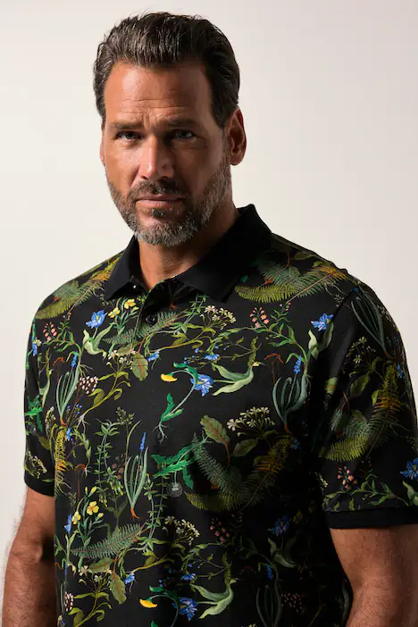 JP1880 Poloshirt FLEXNAMIC®, Halbarm, Alloverprint, bis 8 XL, schwarz | Ulla Popken