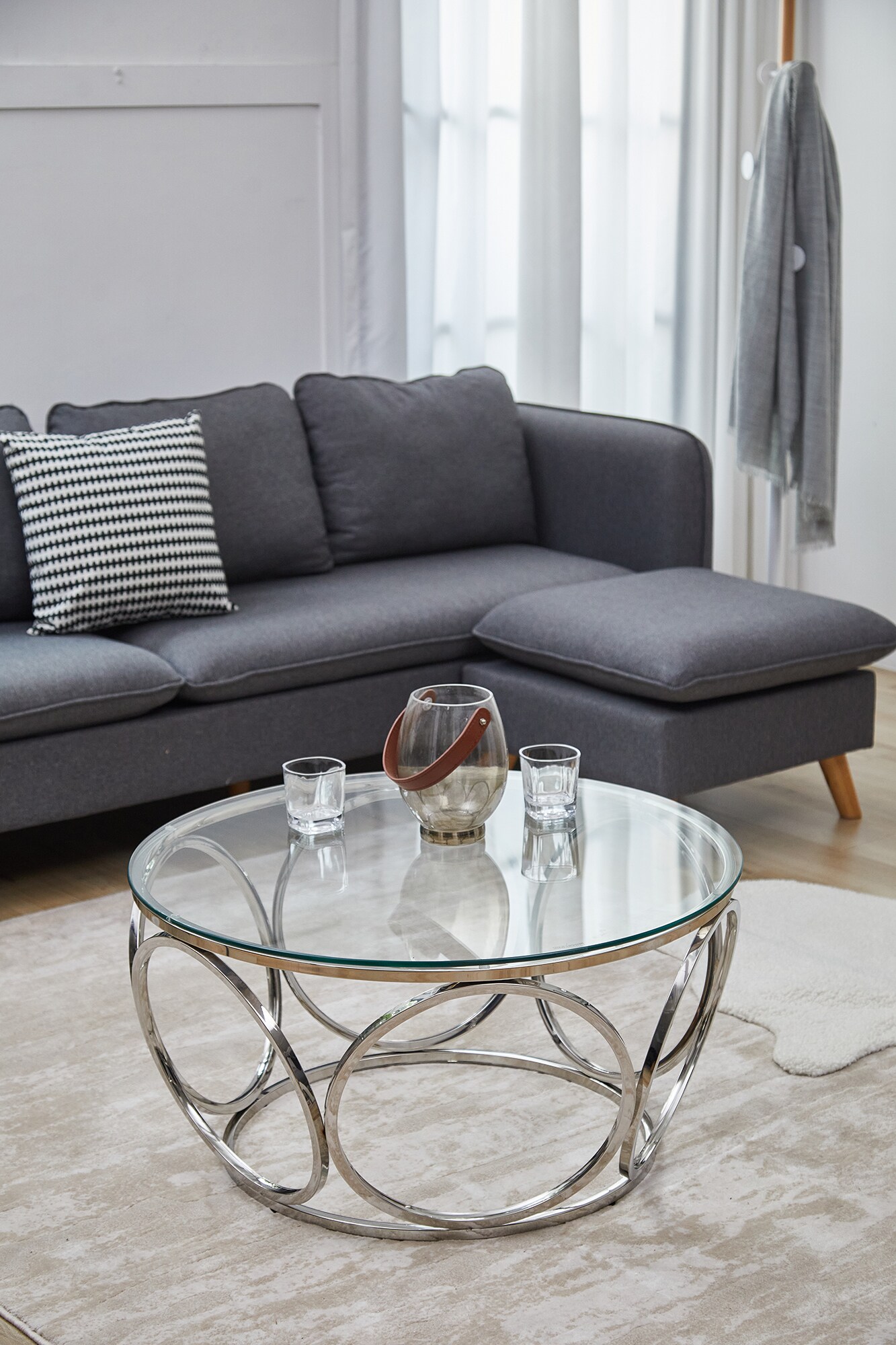 Couchtisch Ø 80 cm silber Glastisch Beistelltisch Sofatisch Wohnzimmertisch