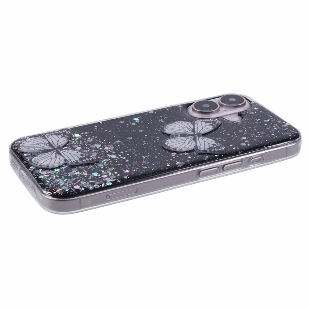 iPhone 16 Hybrid Hardcase Schutzhülle im Glitzer Design Schmetterling - Schwarz / Transparent