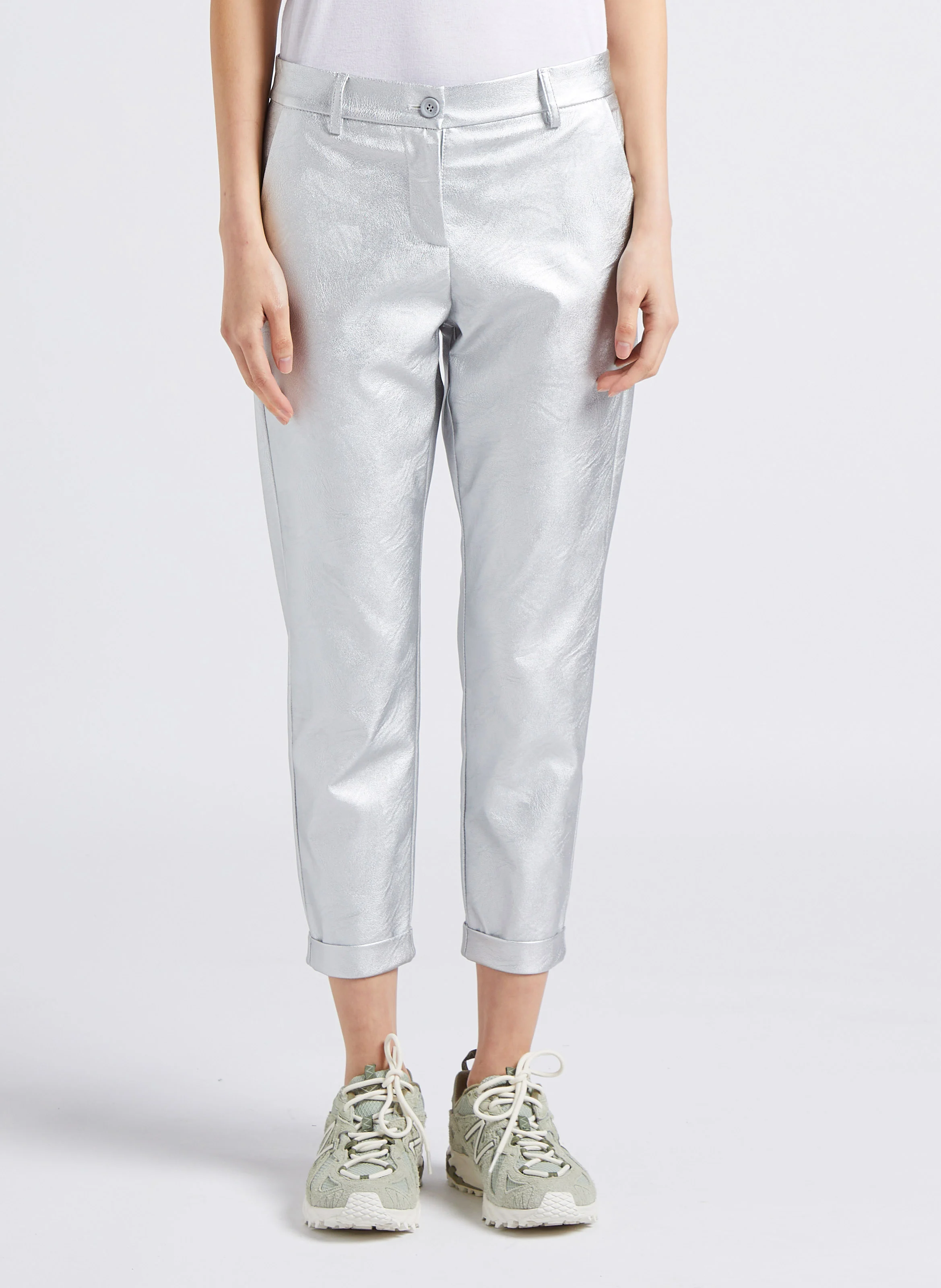 Pantalon carotte effet métallisé| Argent
