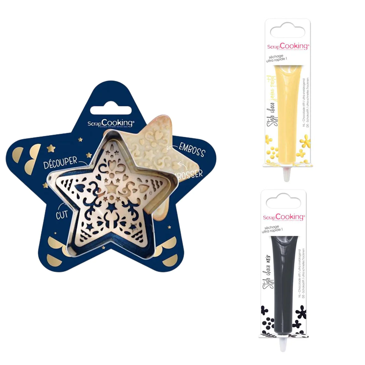 Kit pour biscuit en relief Étoile + 2 Stylos au chocolat jaune pastel