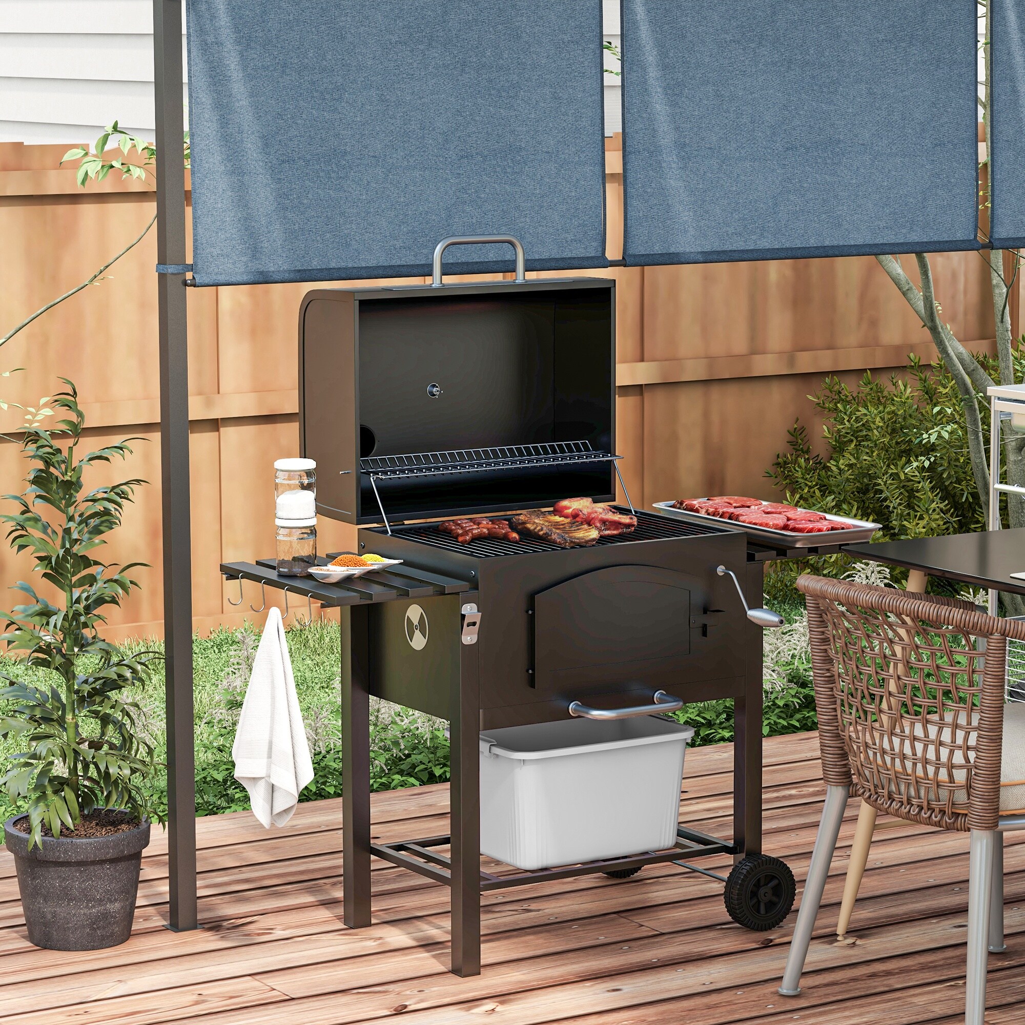 Outsunny Holzkohlegrill mit Thermometer schwarz 124L x 66B x 112H cm