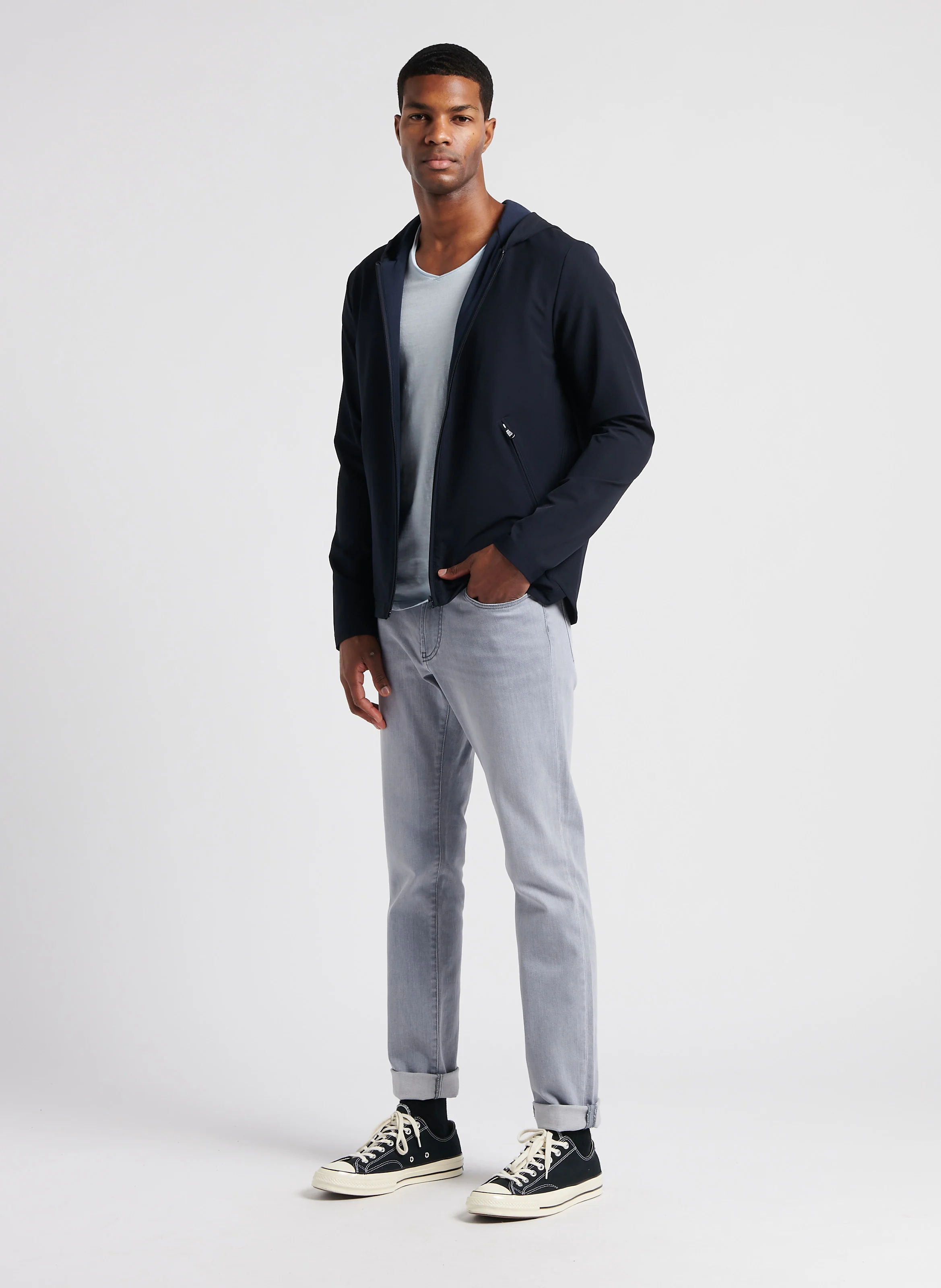Blouson droit à capuche| Bleu