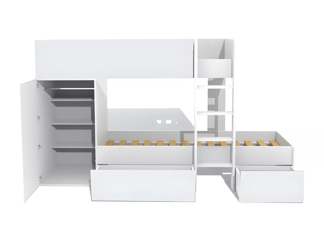 Lit superposé TWIN 90x190 avec armoire et tiroirs + 2 sommiers / Blanc