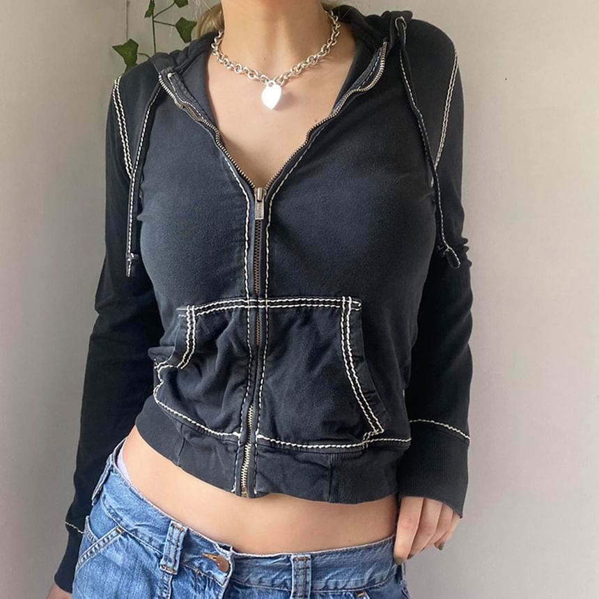 Genrovia - Contrasterende stiksels en rits cropped hoodie