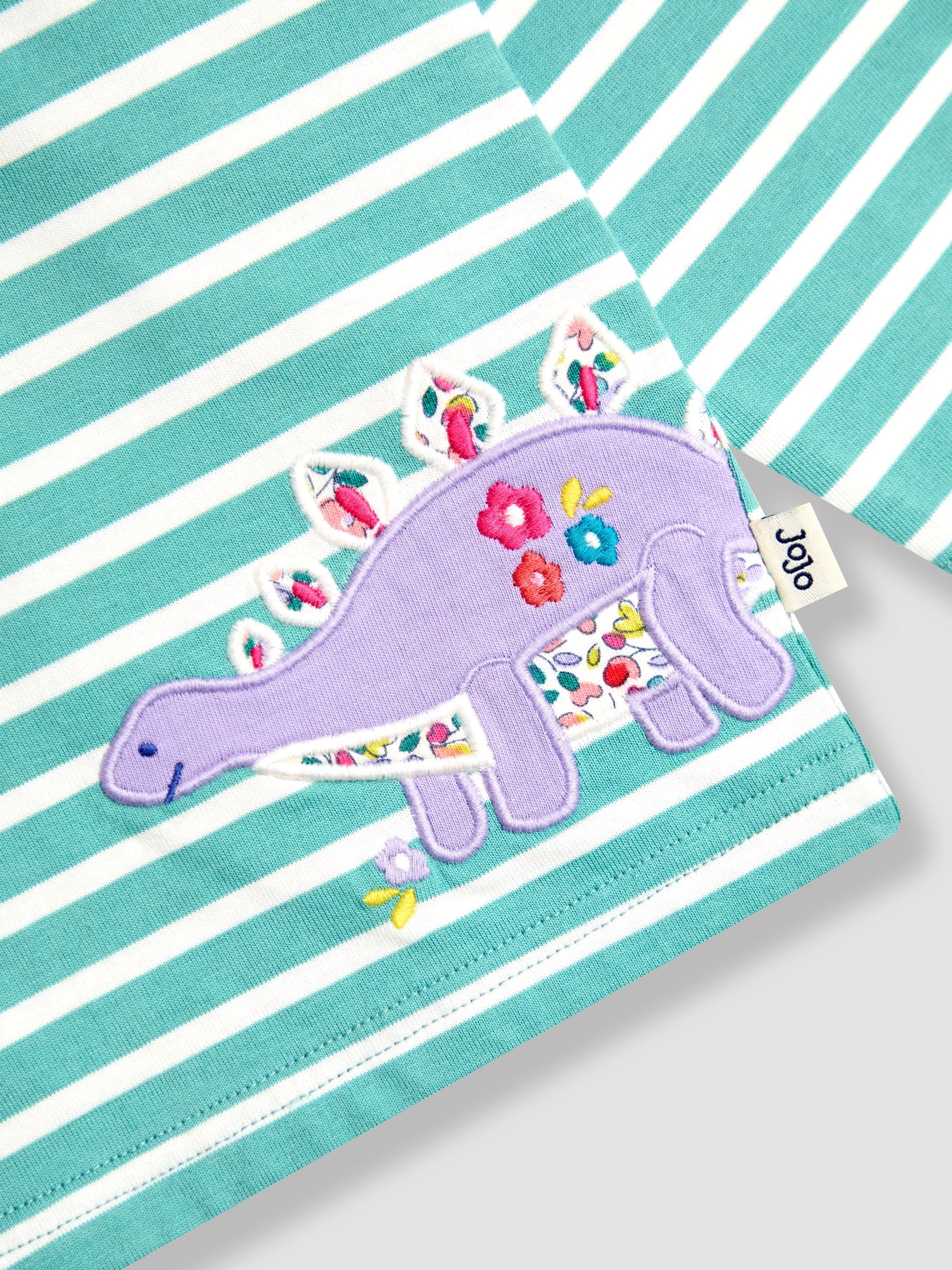 Eendeneiblauw met dinosaurus - JoJo Maman Bébé top met Strepen applicatie
