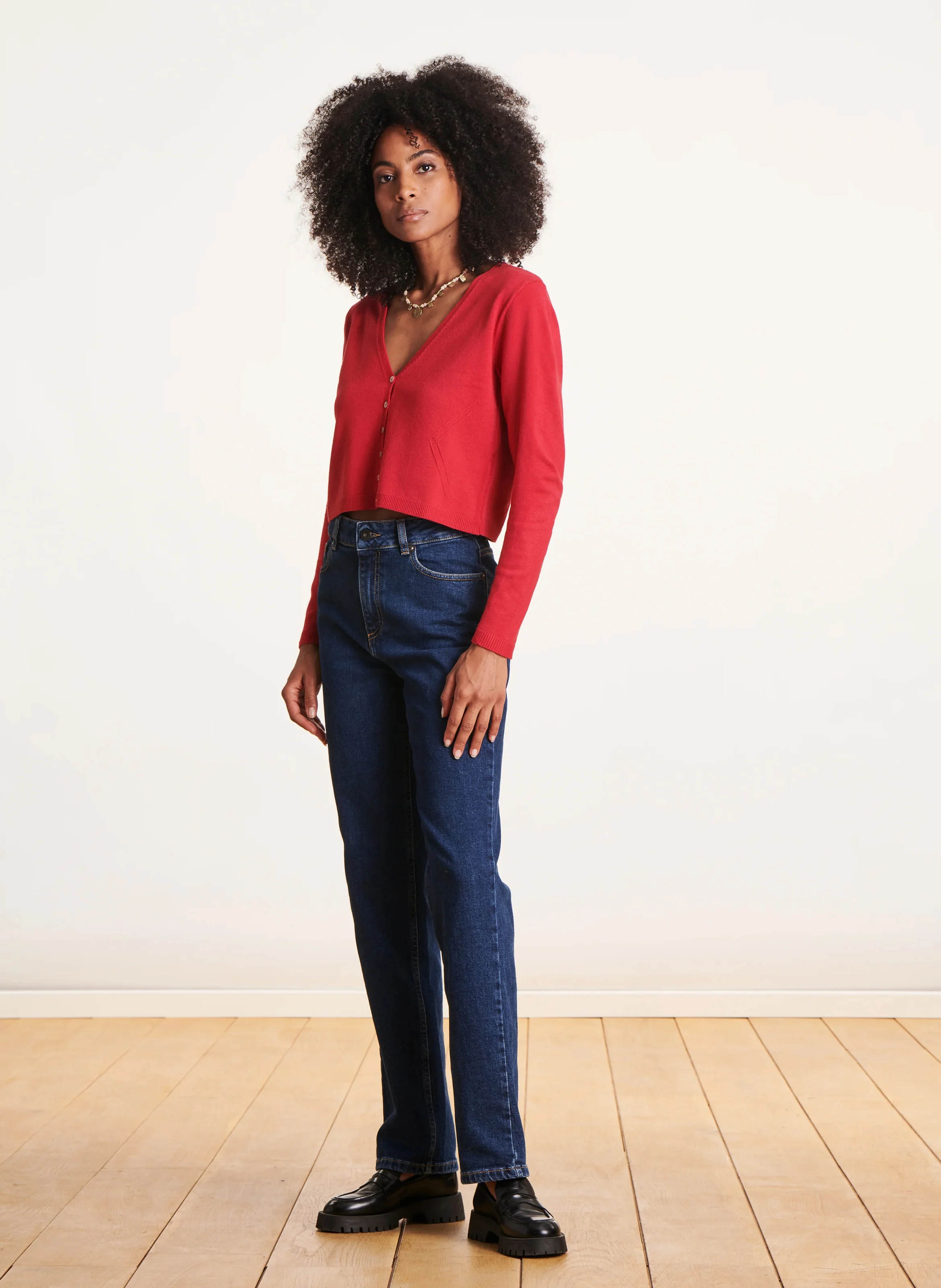 Gilet court col V| Rouge