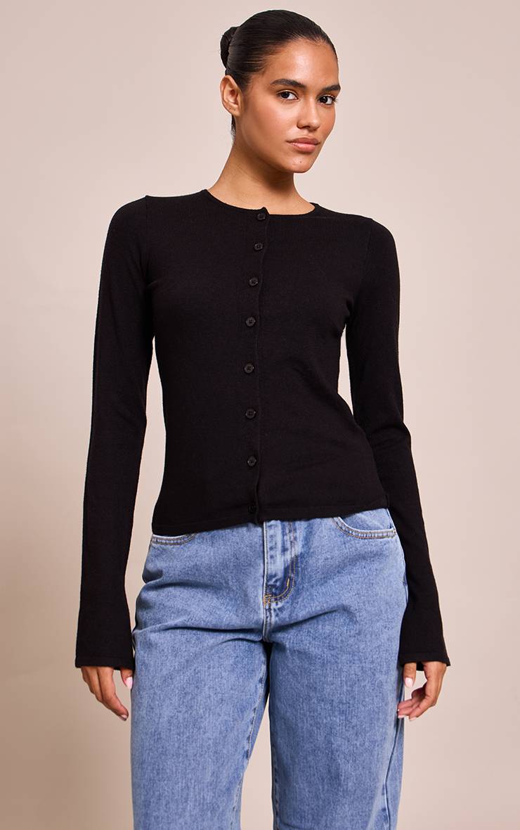 Noir Cardigan En Maille Fine Boutonné