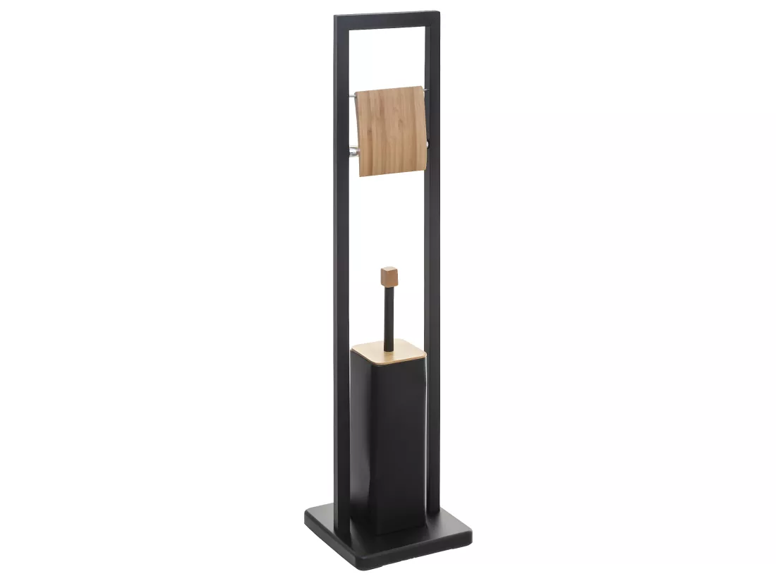 Brosse WC et Dérouleur Papier toilette en Bambou et métal Noir H 80 cm