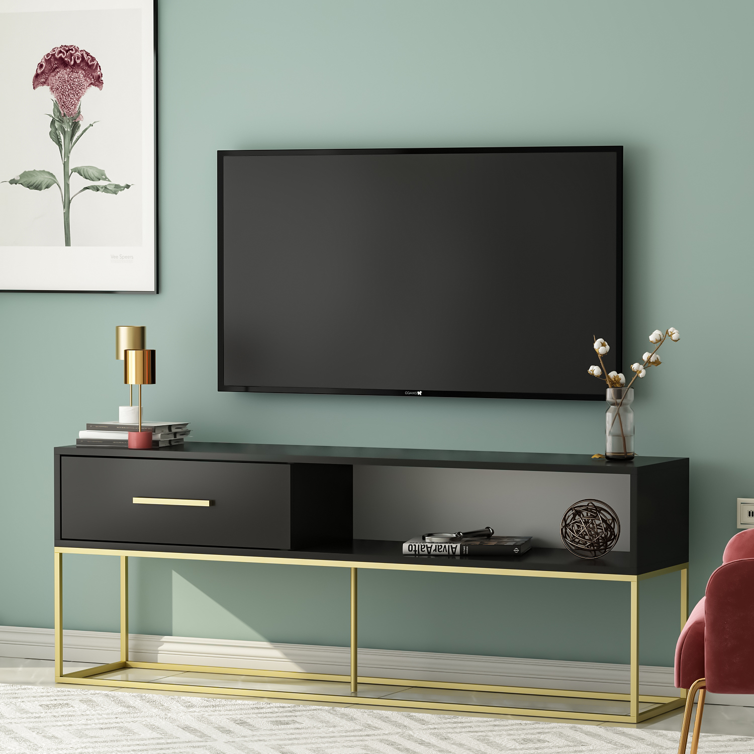 TV-Lowboard - schwarz-goldfarben - mit Türklappe - 160 cm