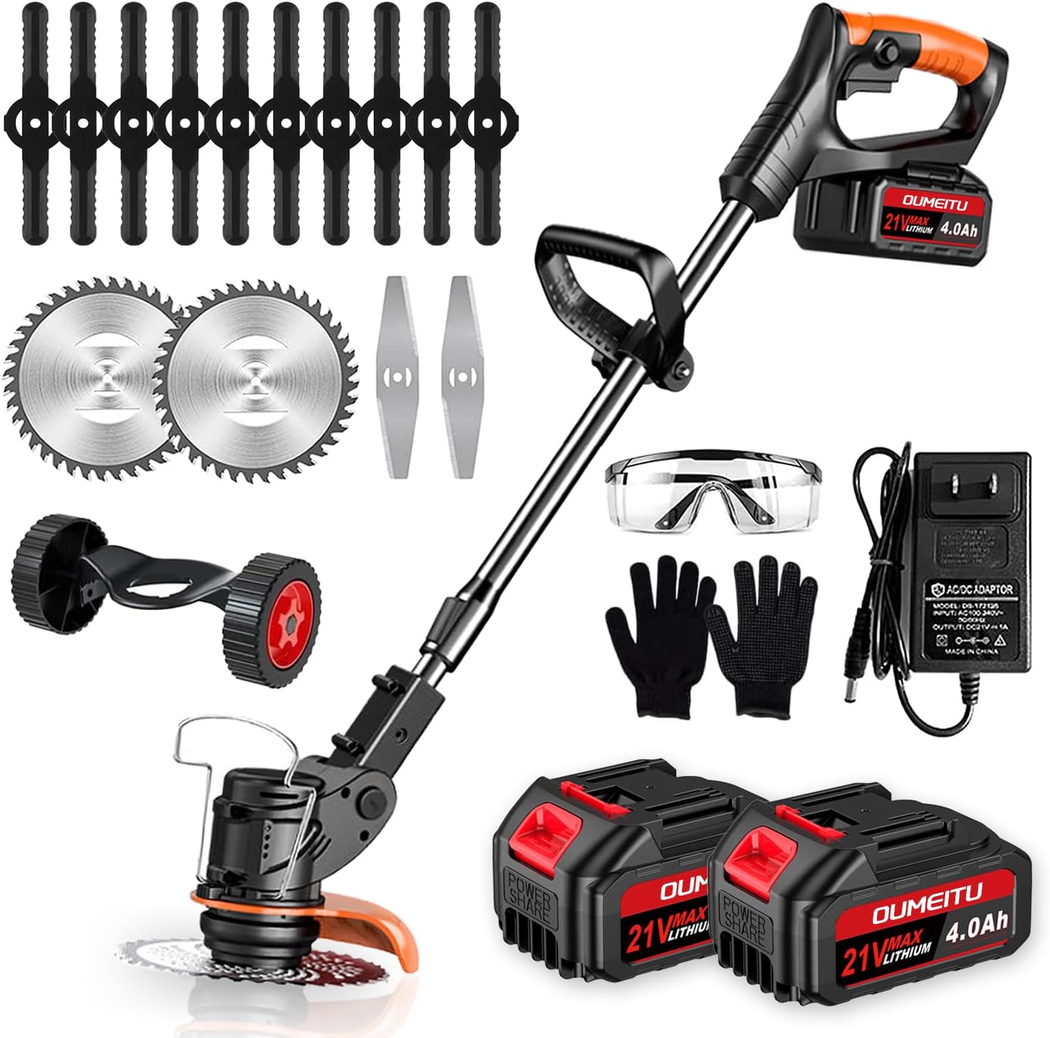 Akku Rasentrimmer mit Akku und Ladegerät, 3-in-1 Elektrischer Akku Motorsense & Rasentrimmer Rasen mit 2X 4.0Ah Akku & Metall Messer, Akku Freischneider für Rasenschneiden und Garten