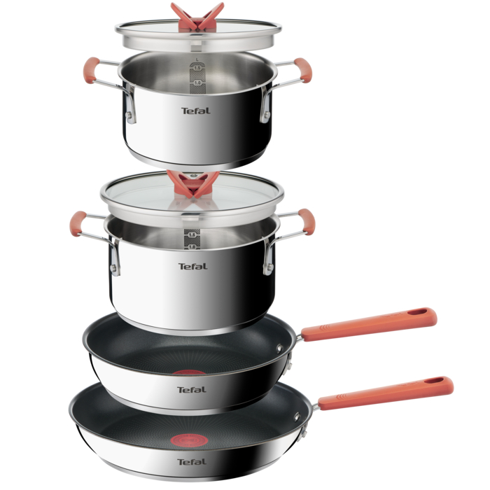 Opti'space set 6 pièces Faitouts inox 18/20cm + Couvercles verre 18/20cm + Poêles antiadhésives 24/28cm