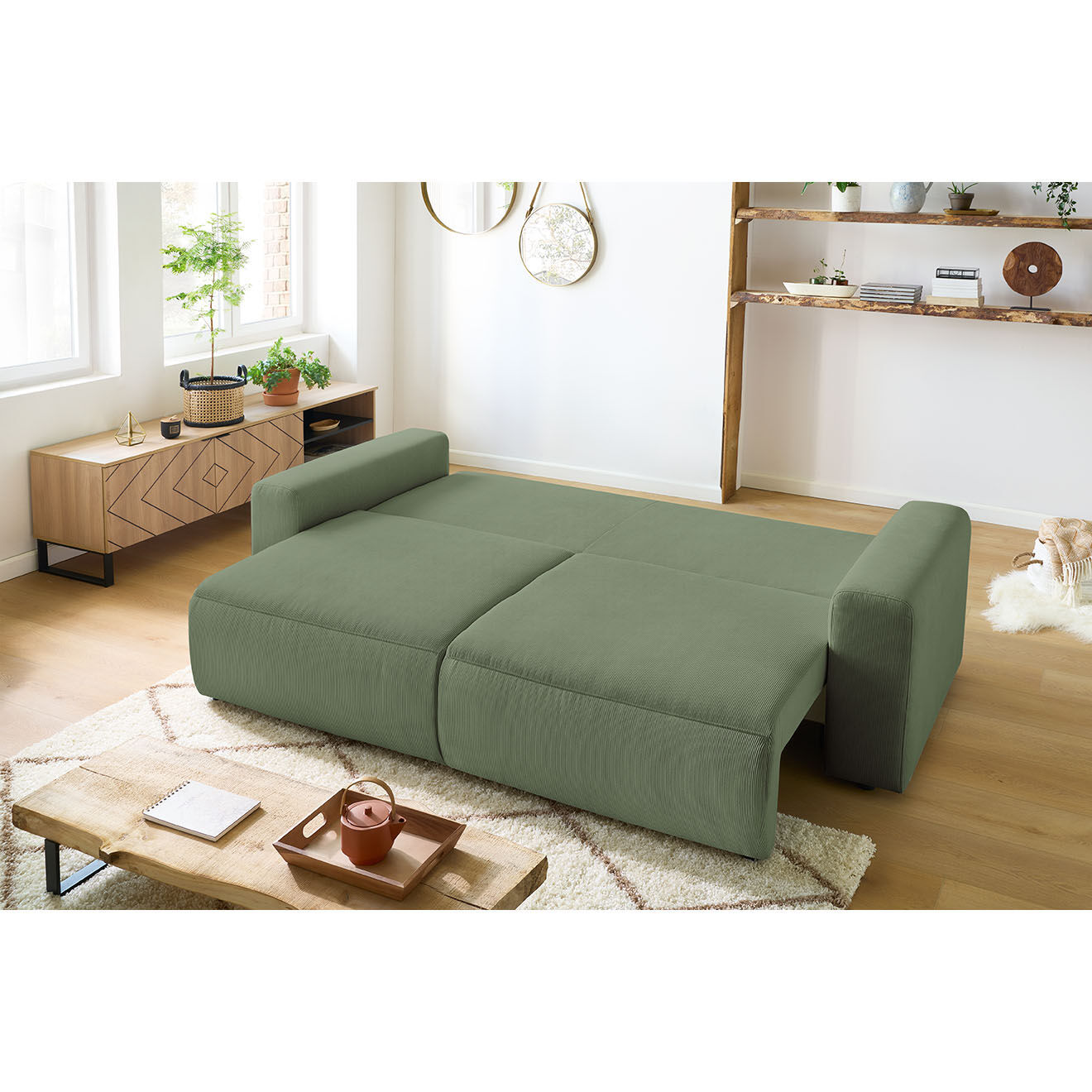 Bobochic Canapé 3 places velours côtelé convertible coffre Envy vert - 245x102x88 cm