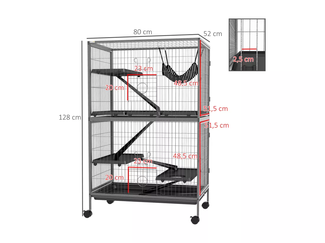 Cage pour rongeurs furet chinchilla 4 plateformes 3 rampes 4 portes hamac plateau acier gris noir