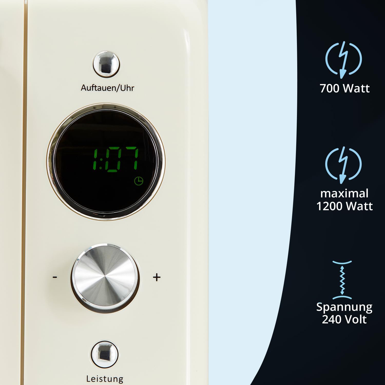 KHG Mikrowelle MW-20R2(C) 20L aus Metall in creme, 8 Automatikprogramme, 6 Mikrowellenleistungen, bis 1.200 Watt, inkl. LED-Anzeige, 60-Minuten-Timer, Drehteller und Kindersicherung