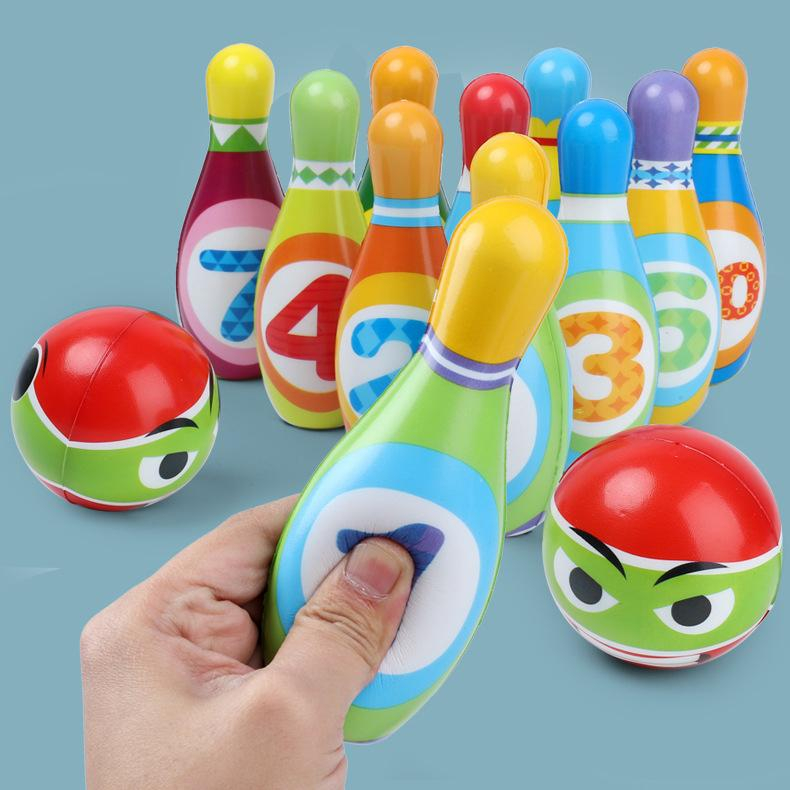 (12-tlg Set) Kinder Bowling Schaumstoff Kegel Spielzeug   Transporttasche - Bunt