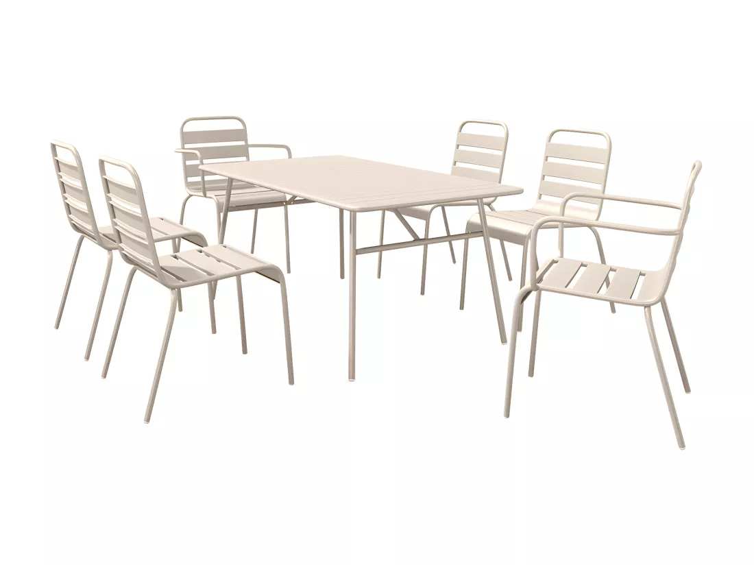 Salle à manger de jardin en métal - une table L.160 cm avec 2 fauteuils empilables et 4 chaises empilables - Beige - MIRMANDE de MYLIA