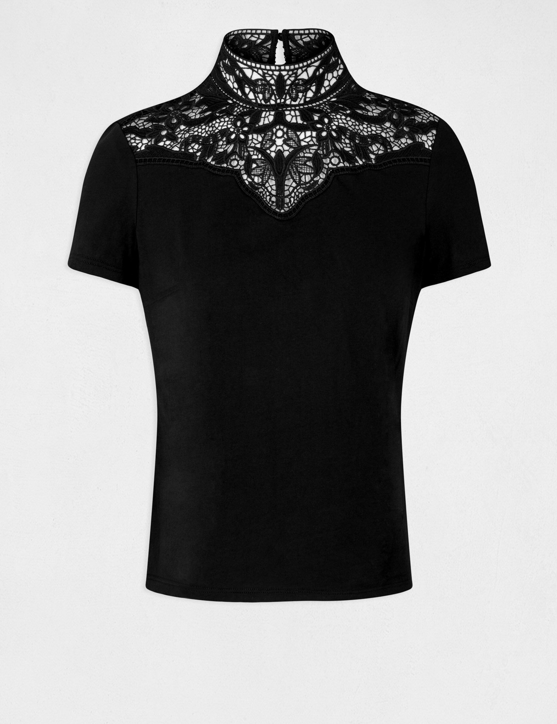 T-shirt manches courtes à dentelle noir femme - noir