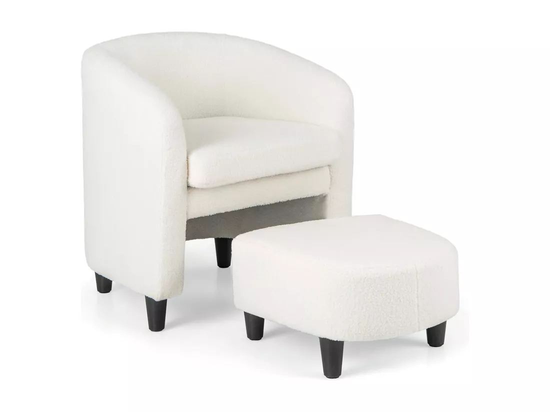 Fauteuil de Salon en Tissu Bouclette avec Repose-Pieds, Fauteuil Rembourré en Forme de Tonneau avec Cadre en Bois Massif, Fauteuil d'Appoint en Velours Teddy, Charge 150 KG(Style 2,Beige)