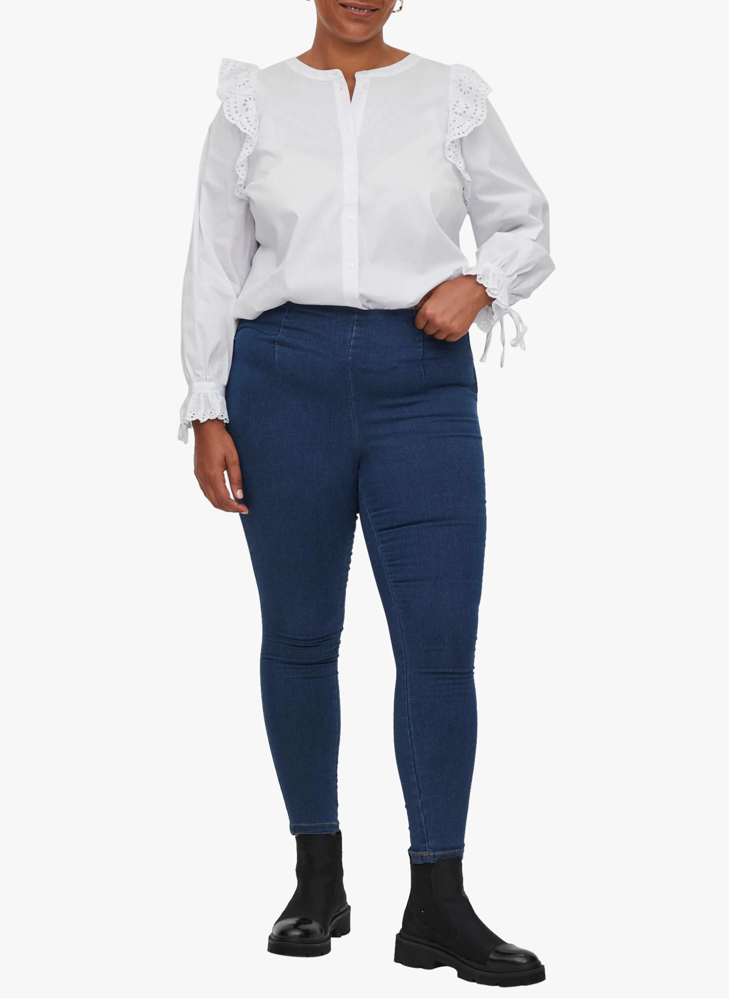 Chemise col rond à dentelle en coton méléngé | Blanc
